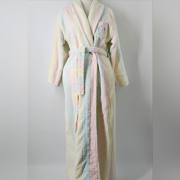 Bill Blass Striped Wrap Robe w Detached Belt & Side Pockets Cotton Candy 80s - Picture 1 of 14